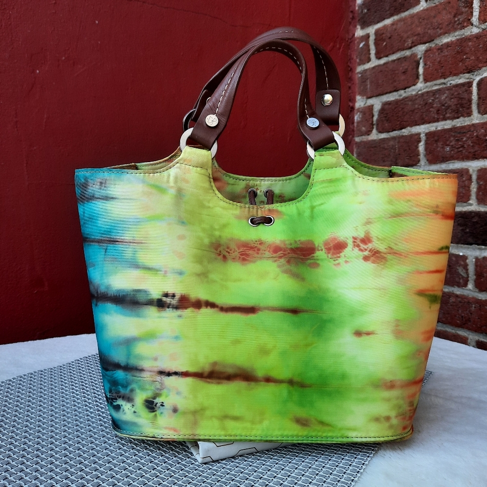Donald Pliner Abstract Tie Dye Small Satchel Handbag Purse Rare Travel Wedding - Picture 2 of 12
